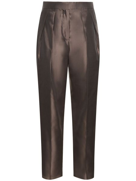 Plisované hedvábné rovné kalhoty s vysokým pasem Giorgio Armani hnědé