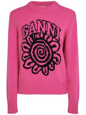 Vilnas džemperis ar ziediem Ganni rozā