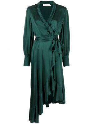 Копринена коктейлна рокля с волани Zimmermann зелено