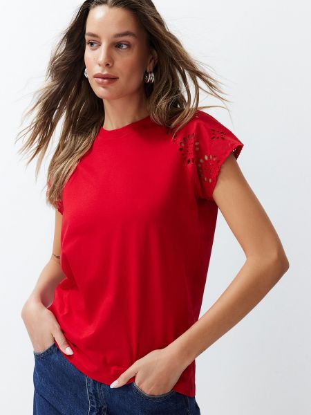 Плетена базова тениска Trendyol червено