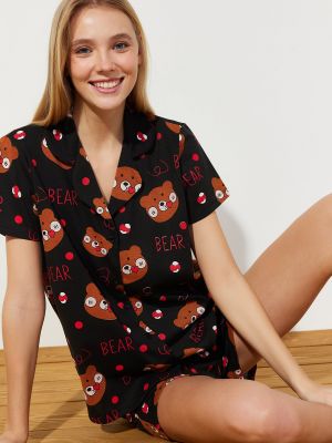 Pijamale din bumbac tricotate cu imagine Trendyol negru
