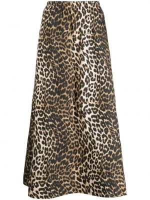 Midi sukňa s potlačou s leopardím vzorom Ganni hnedá