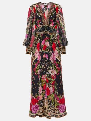 Jedwabna sukienka długa w kwiatki z nadrukiem Camilla