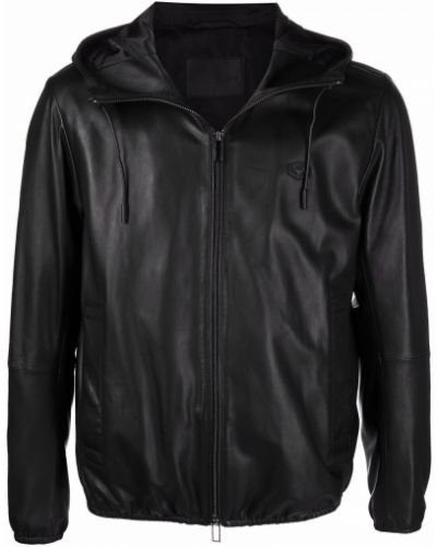Kožená bunda s kapucí Emporio Armani černá