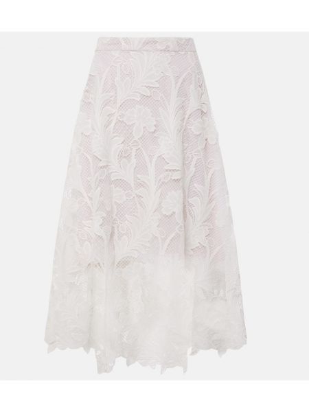 Midi suknja s cvjetnim printom s čipkom Oscar De La Renta bijela