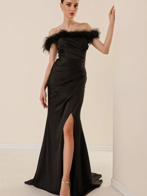 Плисирана сатенена макси рокля с пера By Saygı черно