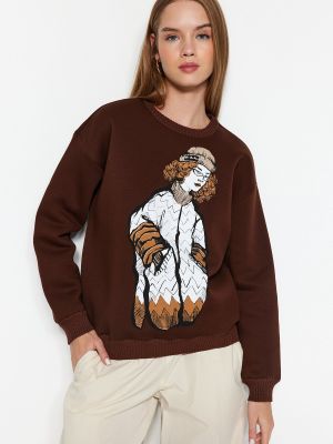 Hanorac din fleece tricotate cu imagine Trendyol maro