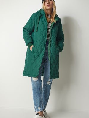 Prošívaný kabát s kapucí Happiness İstanbul zelený