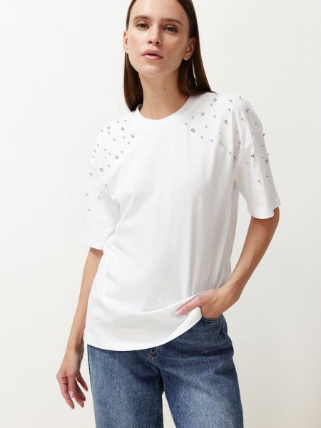 Relaxed плетена памучна тениска Trendyol бяло
