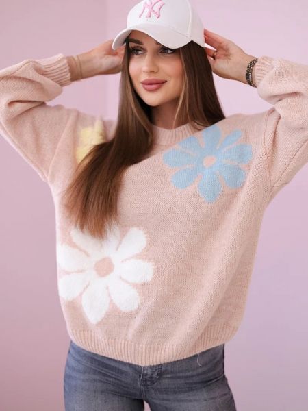 Moherinis gėlėtas megztinis Kesi rožinė