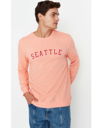 Bluza dresowa bawełniana z nadrukiem z długim rękawem Trendyol różowa