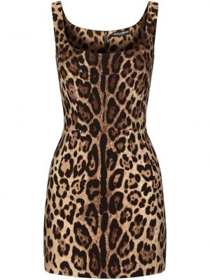 Koktejl obleka brez rokavov s potiskom z leopardjim vzorcem Dolce & Gabbana rjava