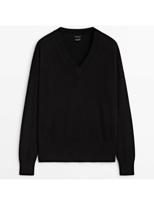 Кашемировый длинный свитер с v-образным вырезом Massimo Dutti черный