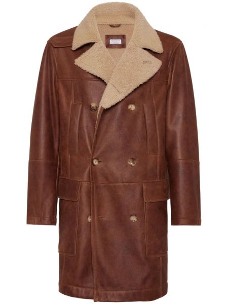 Manteau droit en cuir Brunello Cucinelli marron