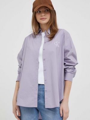 Bombažna denim srajca Calvin Klein Jeans vijolična