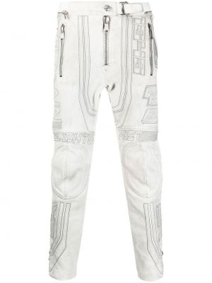 Usnjene hlače z vezenjem Balmain bela