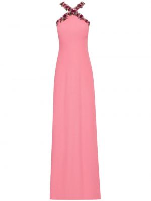 Krepové křišťálové květinové večerní šaty Oscar De La Renta růžové