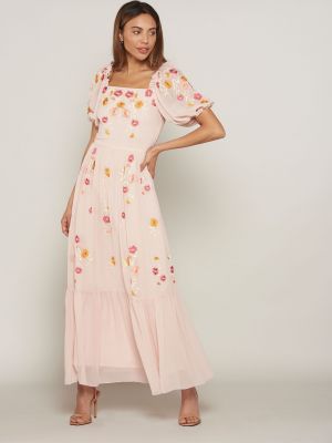 Длинное платье с вышивкой с квадратным вырезом с рюшами Frock And Frill розовое