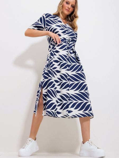 Mini šaty s krátkými rukávy Trend Alaçatı Stili modré