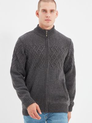 Vlněný svetr na zip Trendyol - šedá