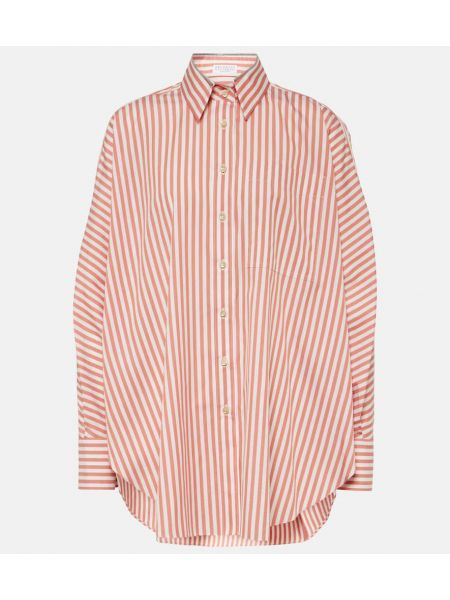 Bombažna svilena srajca s črtami Brunello Cucinelli oranžna