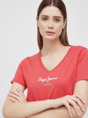 Koszulka bawełniana z dekoltem w serek Pepe Jeans czerwona