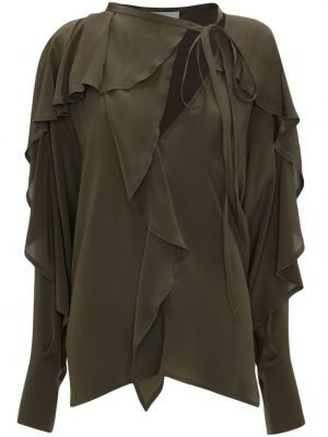 Jedwabna bluzka z falbankami z krepy Victoria Beckham zielona