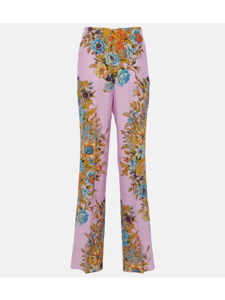 Шелковые брюки с высокой талией в цветочек Etro розовые