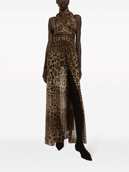 Raštuotas šilkinis vakarinė suknelė leopardinis Dolce & Gabbana