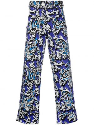 Ravne hlače s cvetličnim vzorcem s potiskom Etro modra