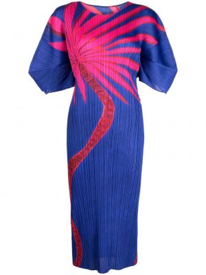 Robe mi-longue à fleurs à imprimé plissé Pleats Please Issey Miyake bleu