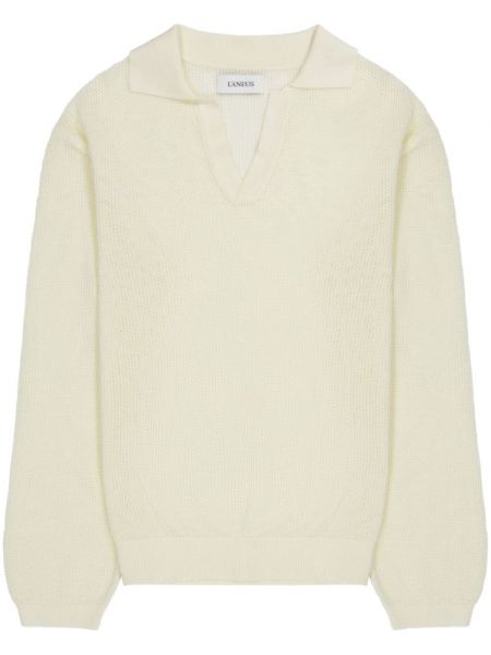 Памучен дълъг пуловер с v-образно деколте Laneus бяло