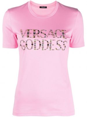 T-shirt avec imprimé slogan en tricot à imprimé Versace rose