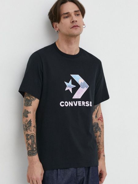 Памучна тениска с дълъг ръкав с принт Converse черно