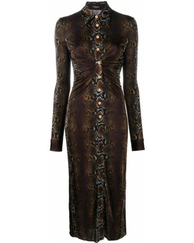 Vestido camisero de cuero de estampado de serpiente Versace marrón