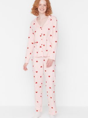 Хлопковая пижама с принтом с сердечками Trendyol розовая