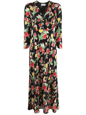 Svilena midi obleka s cvetličnim vzorcem s potiskom Rixo črna