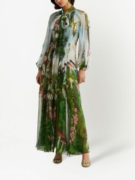 Sukienka długa w kwiatki z nadrukiem Oscar De La Renta zielona