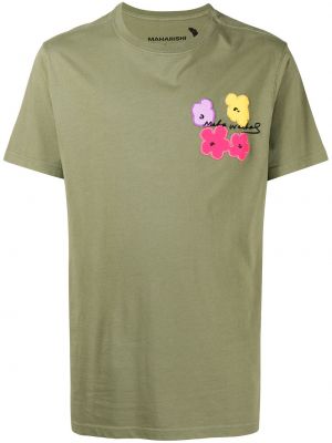 Bombažna majica z vezenjem s cvetličnim vzorcem Maharishi zelena