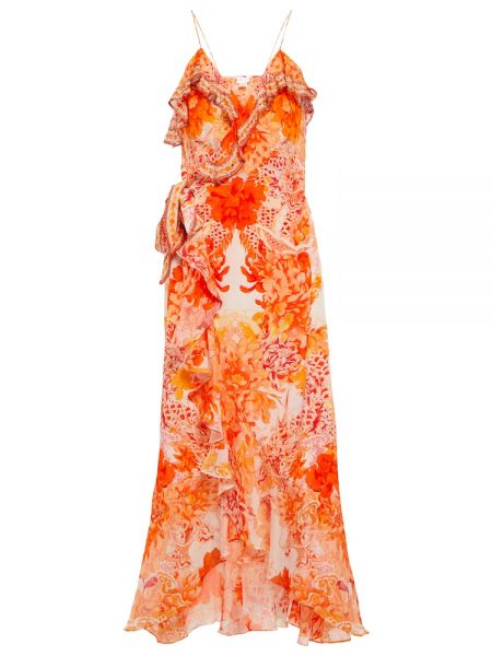 Robe mi-longue en soie à fleurs Camilla orange