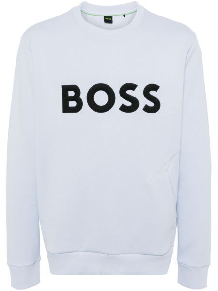 Памучен пуловер с принт Boss синьо