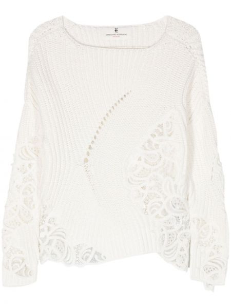 Pamučni džemper s cvjetnim printom s čipkom Ermanno Scervino bijela
