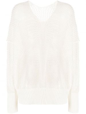 Мрежест пуловер с v-образно деколте Sulvam бяло