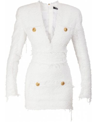 Rochie mini cu franjuri cu decolteu în v din tweed Balmain alb