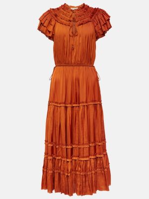 Pliszírozott szatén midi ruha Ulla Johnson narancsszínű