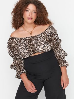Плетена блуза с леопардов принт с дълъг ръкав Trendyol кафяво