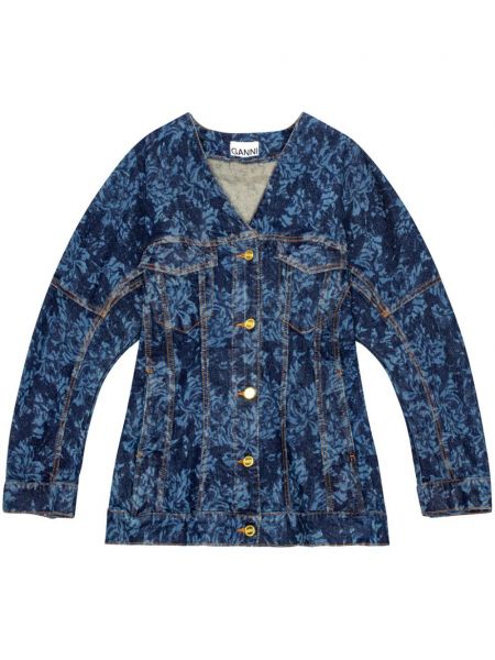 Denim jakna s cvetličnim vzorcem s potiskom Ganni modra