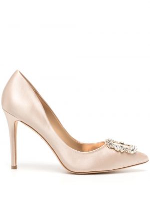 Сатенени полуотворени обувки с кристали Badgley Mischka розово