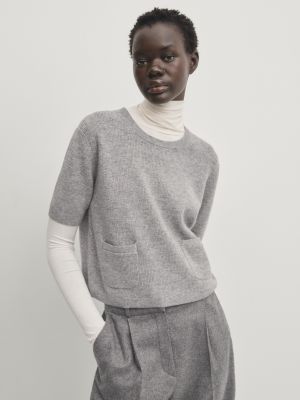 Трикотажный короткий свитер с карманами Massimo Dutti серый