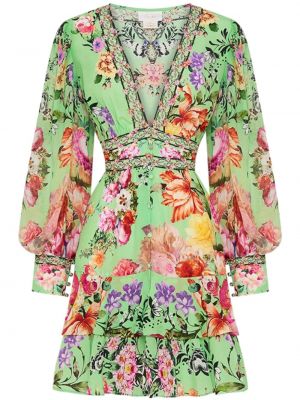 Květinové hedvábné šaty s potiskem Camilla zelené